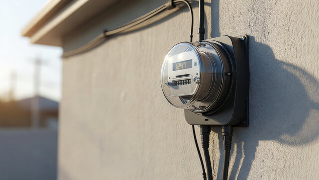 Smart electricity meter installed on exterior wall, energy consumption and power management