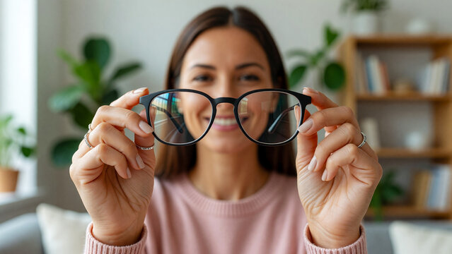Smiling woman holding eyeglasses, vision correction and optometry