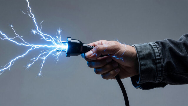 Hand holding plug with lightning sparks, electricity supply and voltage danger