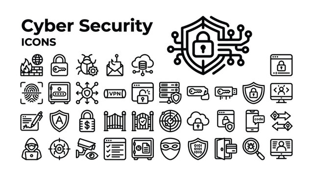 Cyber Security Icons Set: A comprehensive collection of linear icons representing various aspects of digital protection, network defense, and data security.