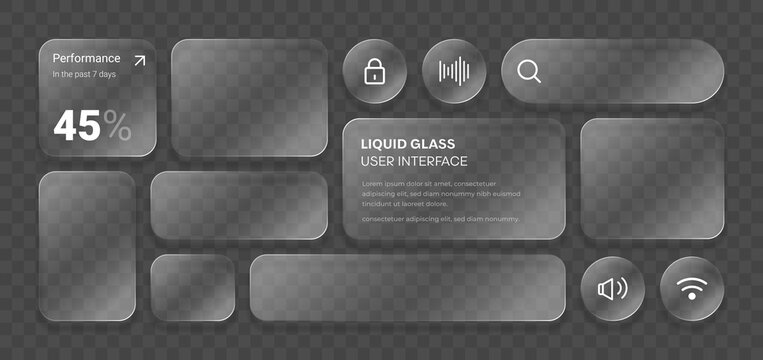 3D Liquid glass smartphone interface isolated. UI UX light frame rounded square and circle elements with a glow stroke. Collection design widget for mobile and web app.