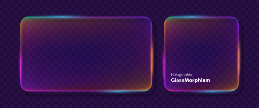 Futuristic holographic glassmorphism UI panels with glowing neon gradient edges, rounded corners and transparent styling, ideal for modern web design, apps, dashboards and digital interfaces.
