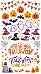 Fototapeta premium Halloween Vector Illustration Set with Pumpkins, Ghosts, Bats, Witch Hats, and Party Decorations on White Background