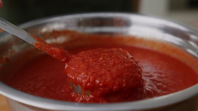 Taking sauce from bowl, San Marzano Tomato Pizza Sauce