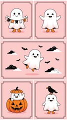 Obraz premium Cute Halloween Ghost Illustration Set with Pumpkin, Bats, and Crow on Pink Background for Festive Decor
