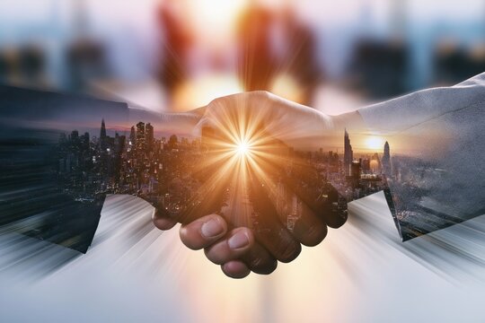 Professional Corporate Handshake Double Exposure with Urban Skyline and Morning Light