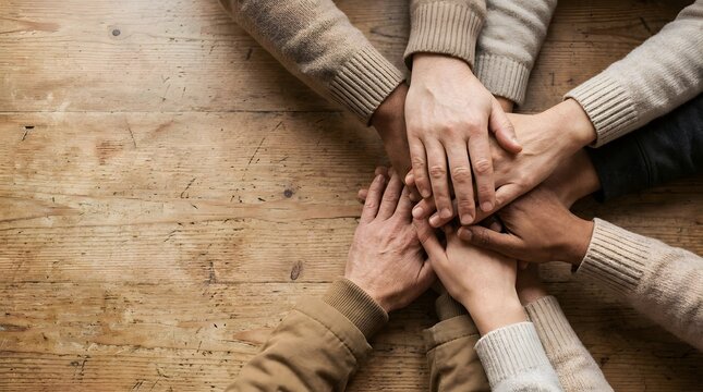 Diverse hands united in a circle symbolizing teamwork and collaboration on a wooden surface