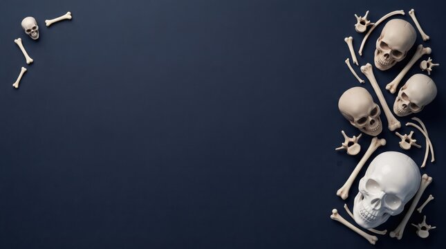 Human Skulls and Bones Arrangement on Dark Background with Copy Space for Halloween Medical Banner Graphic Illustration