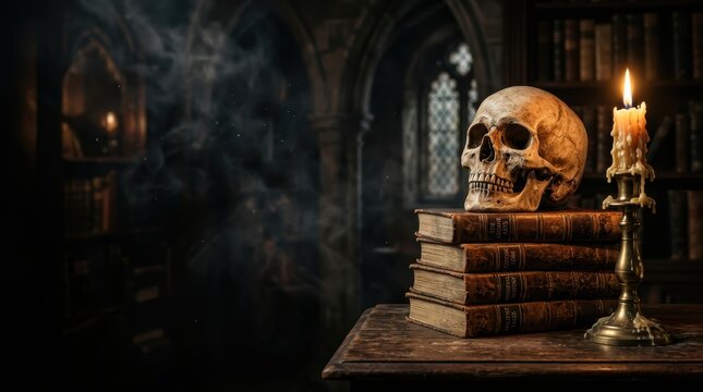 Dark Academia Cinematic Banner with Human Skull on Antique Leather Books and Flickering Candle in Gothic Library with Copy Space