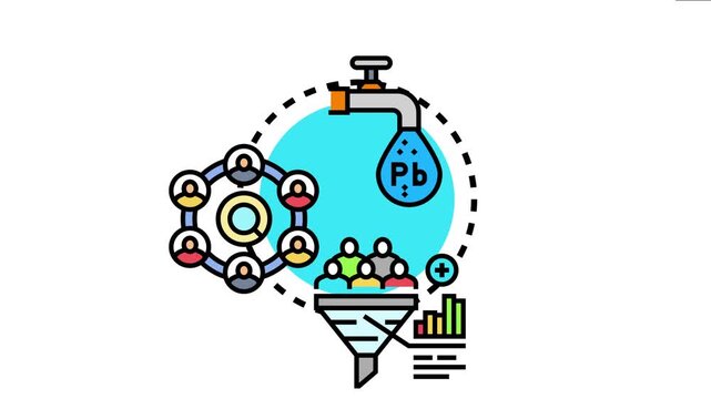Vector depicting the process of transforming negative elements like 'pb' - lead - into positive outcomes by filtering, collaborating, and achieving measurable improvement and success