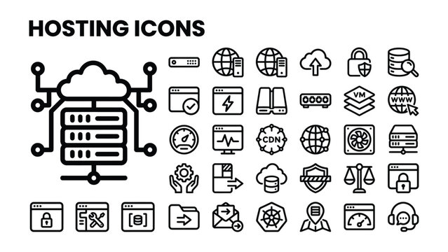 Hosting Icons Collection: A comprehensive set of line art icons representing various aspects of web hosting and cloud computing services.