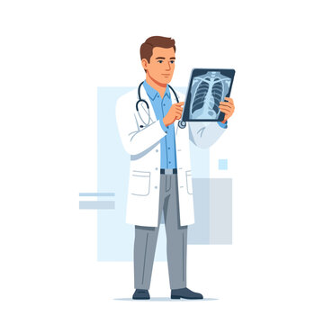 Doctor Examining X-Ray Image Of Patient's Chest And Lungs In Medical Office Setting