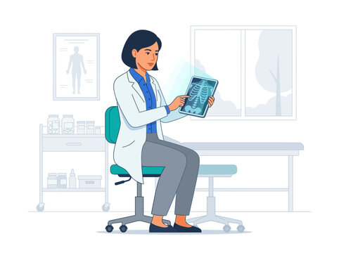 Doctor Examining X-Ray Image On Digital Tablet In Modern Medical Office