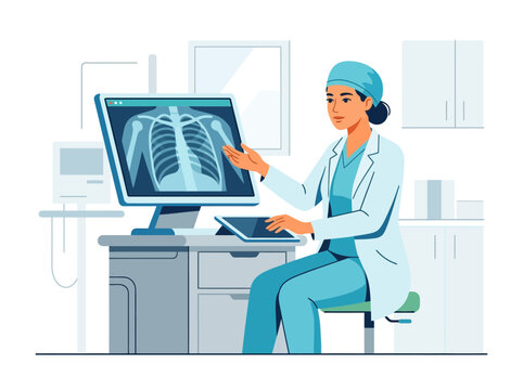 Doctor Examining X-Ray Image On Computer Screen