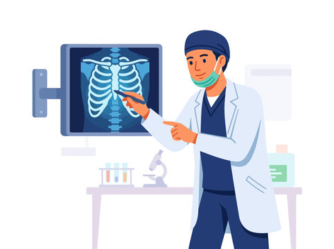 Doctor Examining X-Ray Image Showing Rib Cage And Spinal Cord Health
