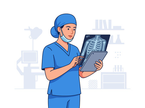 Doctor Examining X-Ray Image With Tablet In Medical Facility