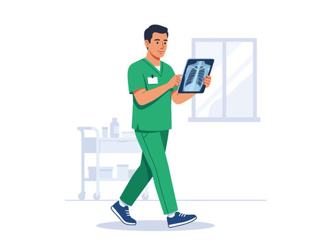 Doctor Examining X-Ray Image While Walking In Hospital Corridor