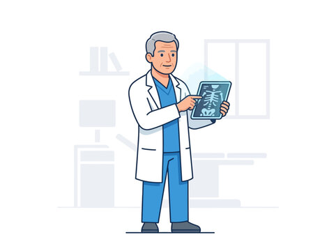 Doctor Examining X-Ray In Clinic Setting with Flat Illustration Style