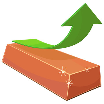 Copper bullion bar with rising green arrow representing commodity price surge, industrial metals bull market, green energy demand, and economic growth (cut out)