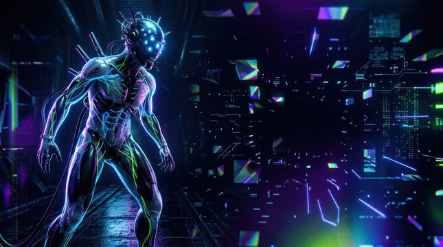 Biomechanical Cyber Horror Humanoid in Neon Digital Void with Copy Space