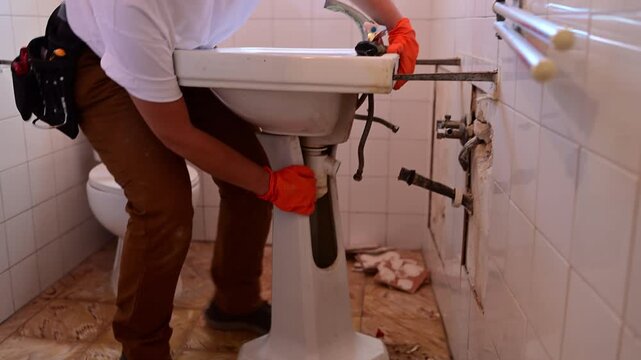 Female plumber dismantling an old pedestal sink during bathroom renovation
