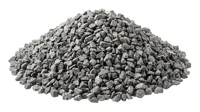 Industrial pile of crushed grey gravel and small stones isolated on white background