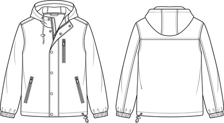 Men's Hooded Windbreaker Jacket with Zip Pockets and Drawstring Hem Technical Flat Sketch, Front and Back View Illustration © Shipra