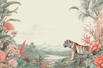 Fototapeta premium Tiger in flowers garden by lake wildlife animal mammal.