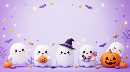 Obraz premium Cute cartoon ghosts with pumpkins and candy on a purple Halloween background