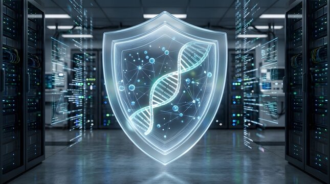 Neon dna security shield in high tech server room