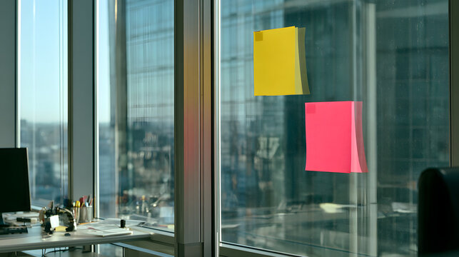 Modern Office with Sticky Notes: A contemporary office space with a large window offering a city view, featuring a desk with a computer and two colorful sticky notes attached to the glass.