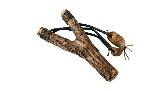 Handmade wooden slingshot with leather pouch and rubber bands, rustic toy isolated on white background.

