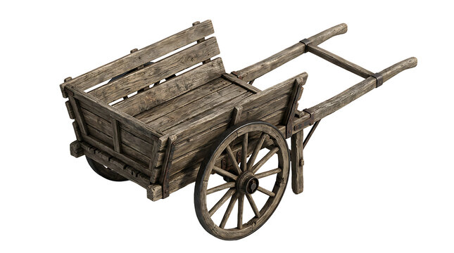 Vintage wooden handcart with spoked wheel and handles, rustic farm cart isolated on white background.

