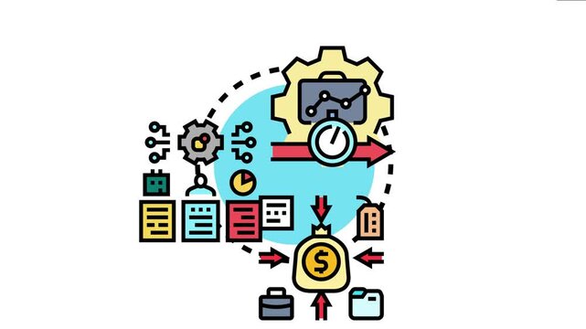 Business process analysis representing lean value stream mapping for efficiency, waste reduction, and continuous improvement in production workflows, optimizing operations and increasing profit
