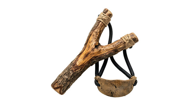 Wooden Y-shaped slingshot with leather pouch and black rubber straps, isolated on white background.

