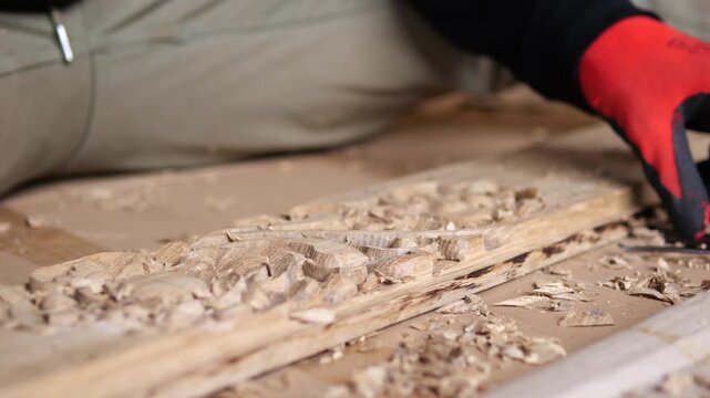 Gloved hands carve decorative wood with sharp tool, refining raised patterns and clearing fresh shavings from plank. Close work emphasizes careful control, texture, and steady manual craftsmanship.