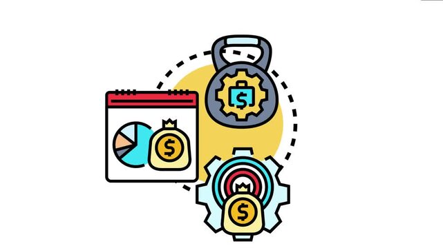 Illustration depicting the process of learning budgeting fundamentals. Combining elements like a calendar with a pie chart and money bag. A kettlebell with a briefcase. And gears with a money bag