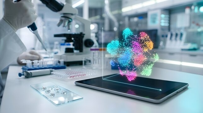 Scientist using digital tablet with colorful hologram in modern lab