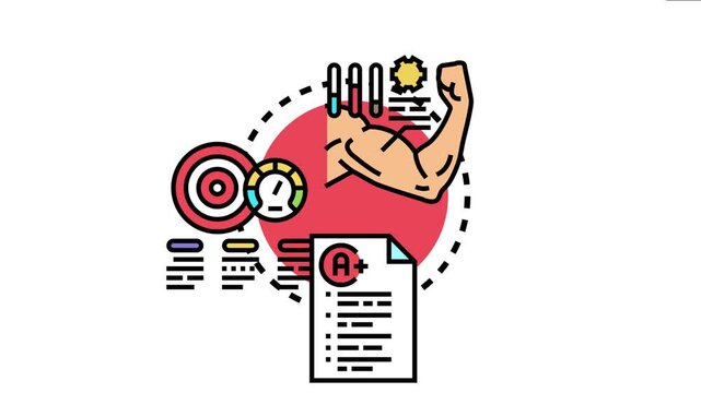 Educational dashboard visualizing student progress with strong arm power, target goals, performance indicator, and excellent grade representing successful achievement and learning development