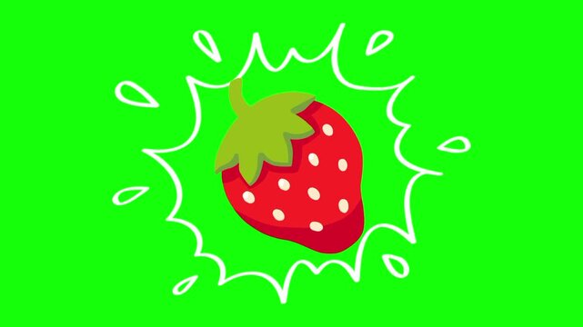 Red strawberry fruit on water splash isolated animation. Animated vector motion graphic video on green screen or alpha channel. Illustration of fresh, organic, healthy fruits and food icon