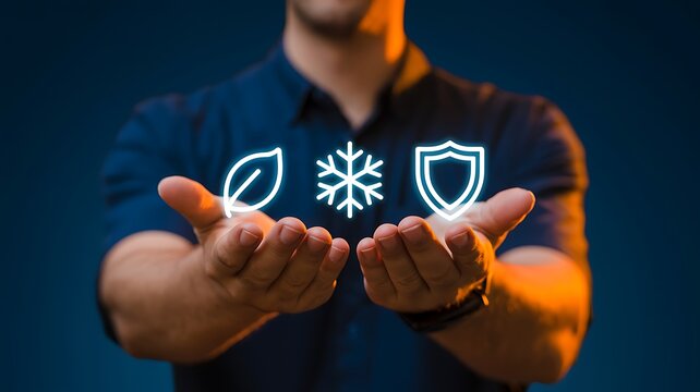 Sustainable environmental protection concept with leaf, snowflake and shield symbols representing clean living