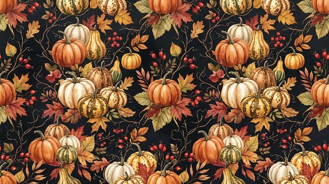 Seamless autumn pumpkin and leaf pattern for fall harvest