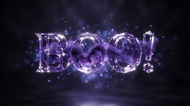 Sparkling purple crystal boo text with smoke and glitter