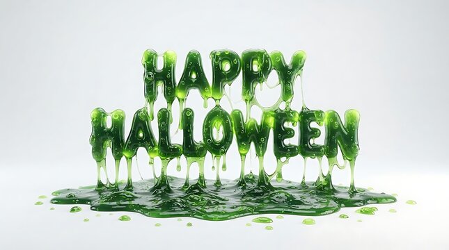 Happy halloween text made of green slime isolated on white background