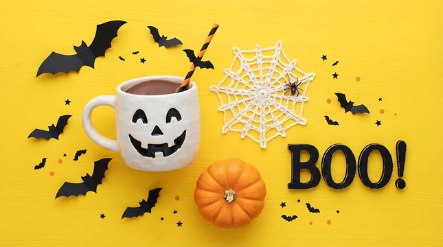 Halloween flat lay with pumpkin mug and boo sign