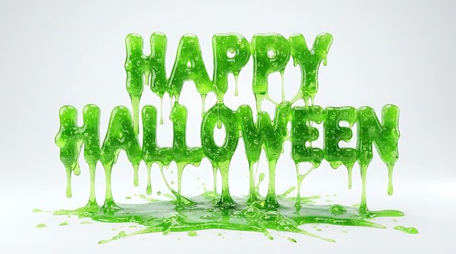 Happy halloween text made of green slime isolated on white background