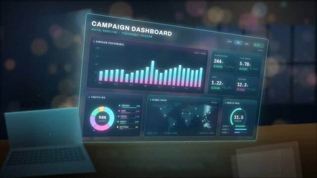 Digital marketing campaign dashboard hologram floating above a laptop with live performance charts