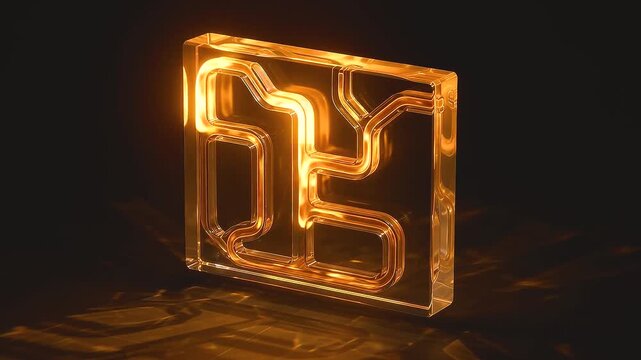 Abstract Glowing Golden Circuit Board in Transparent Glass Block, Futuristic Data Flow and Artificial Intelligence Concept on Dark Reflective Background
