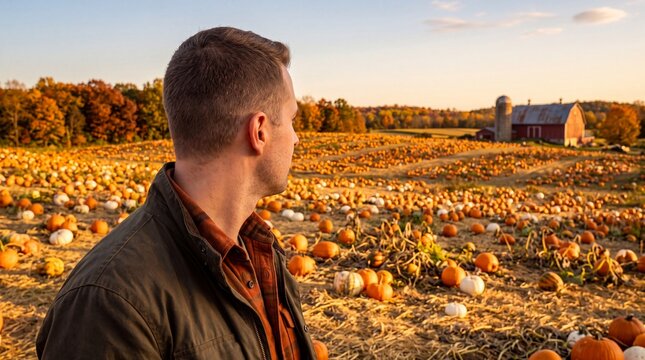 Farmer Looking Across Autumn Pumpkin Patch Field at Sunset