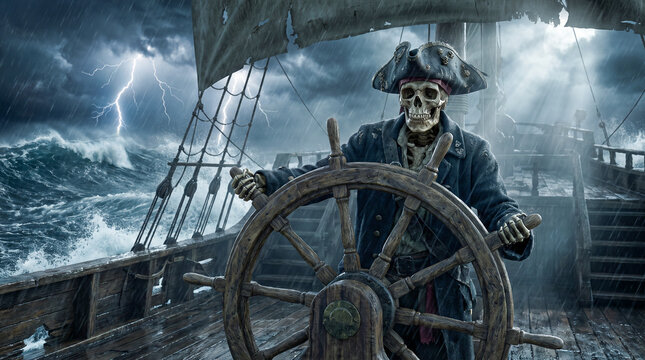 Una aterradora calavera pirata al tim&oacute;n de un antiguo barco de vela, rodeada de mares embravecidos, niebla y dram&aacute;tica luz de luna, en una atm&oacute;sfera oscura y cinematogr&aacute;fica.